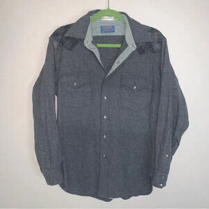 Pendleton 100% Virgin Wool Plaid Grey Long Sleeve Western Style Snap  Up Shirt M